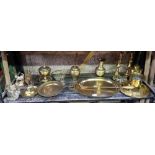 SHELF OF BRASS ITEMS INCL; TEA CADDY'S, ONE BY LIPTON, SMALL TRAYS, BELL,