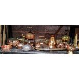 SHELF MAINLY OF COPPER & BRASS INCL; KETTLE WITH BURNER,