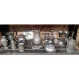 SHELF OF MISC PEWTER WARE, JUGS, MUGS,