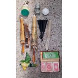 2 CARTONS OF MISC BRIC-A-BRAC, INCL; PARASOLS, FISHING GLASS BALLS,