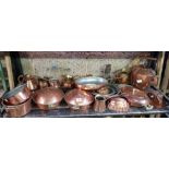 SHELF OF COPPERWARE, KETTLE, JUGS,