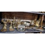 SHELF OF MISC BRASS WARE INCL; MATCHING CANDLE STICKS, LAMP,