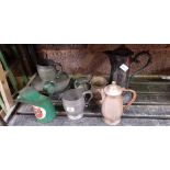SHELF WITH MISC PEWTER WARE, TANKARDS,