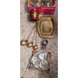 CARTON WITH COPPER JUG, BRASS TRAY,