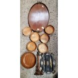 WOODEN OVAL TRAY WITH MISC WOOD BOWLS,