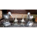 2 SMALL WHITE METAL PEACOCK'S & 2 PEWTER WADING BIRDS