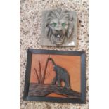 CARTON WITH A LION HEAD WATER FEATURE & AN ELEPHANT PLAQUE