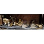 SHELF OF MISC BRASS WARE INCL; COAL SCUTTLE,