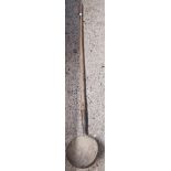 LONG WOODEN HANDLED INDUSTRIAL SCOOP & A POTATO FORK WITH BALL END TINES