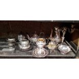 SHELF OF MISC PLATEDWARE & PEWTER