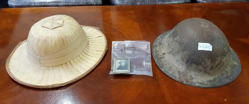 WW I BRODIE RAW EDGE BRITISH STEEL HELMET, NO LINER, MARKED LS 23 WITH RELIC CHIN STRAP,