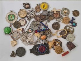 TUB WITH MISC BADGES, BROOCHES, KEY FOBS,