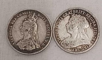 TWO VICTORIAN SILVER SHILLINGS 1887 & 1898