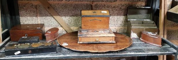 SHELF WITH MISC WOODEN BOXES,