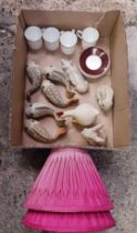 CARTON WITH 2 PINK LAMP SHADES, CUPS & SAUCERS,