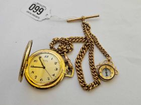 GOLD COLOURED RONET POCKET WATCH ON A GOLD COLOURED ALBERT WITH COMPASS FOB