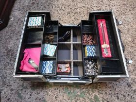 ALUMINIUM CONCERTINA TOOL BOX WITH MISC PICTURE HANGING FITTINGS & STENCILS