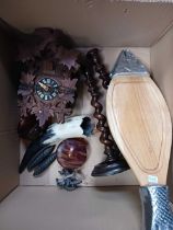 2 CARTONS WITH CUCKOO CLOCK, WOOD TWIST CANDLESTICKS, FISH BOARD, PLATES, VASES,