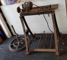 INCOMPLETE VINTAGE RELIC CAST IRON WOOD TURNERS LATHE WITH ELECTRIC MOTOR & DRIVE PULLEY BY G BUCK,