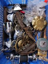 CARTON WITH MISC HORSE BRASSES, HAND TOOLS,
