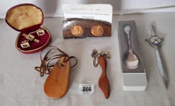 SMALL CARTON OF MISC SOUVENIR SPOONS, PAPER KNIFE, CUFF LINKS ETC,