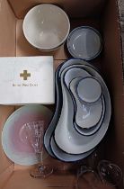 CARTON WITH KIDNEY SHAPED ENAMEL MEDICAL DISHES, GLASSES,