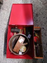 RED METAL BOX WITH A SELECTION OF VINTAGE ENGINEER RULERS, RUBBER MALLETT, WOODEN BOWL,