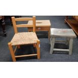 CHILD'S RAFFIA SEATED CHAIR & 2 FOOT STOOLS