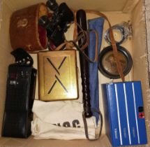 CARTON WITH PAIR OF BINOCULARS, TRUNCHEON, HAND CUFFS,