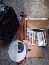 MULTI COLOURED TRAVEL BAG, AN ARTISTS EASEL,