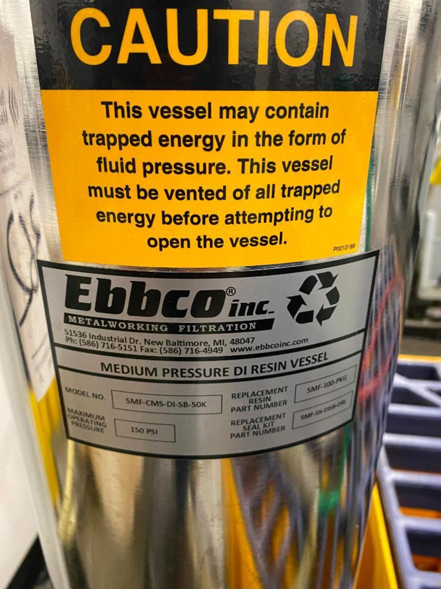 EBBCO INC. MEDIUM PRESSURE DI RESIN VESSEL WATER FILTER; MODEL SMF-CMDS-DI-SB-50K - Image 2 of 6