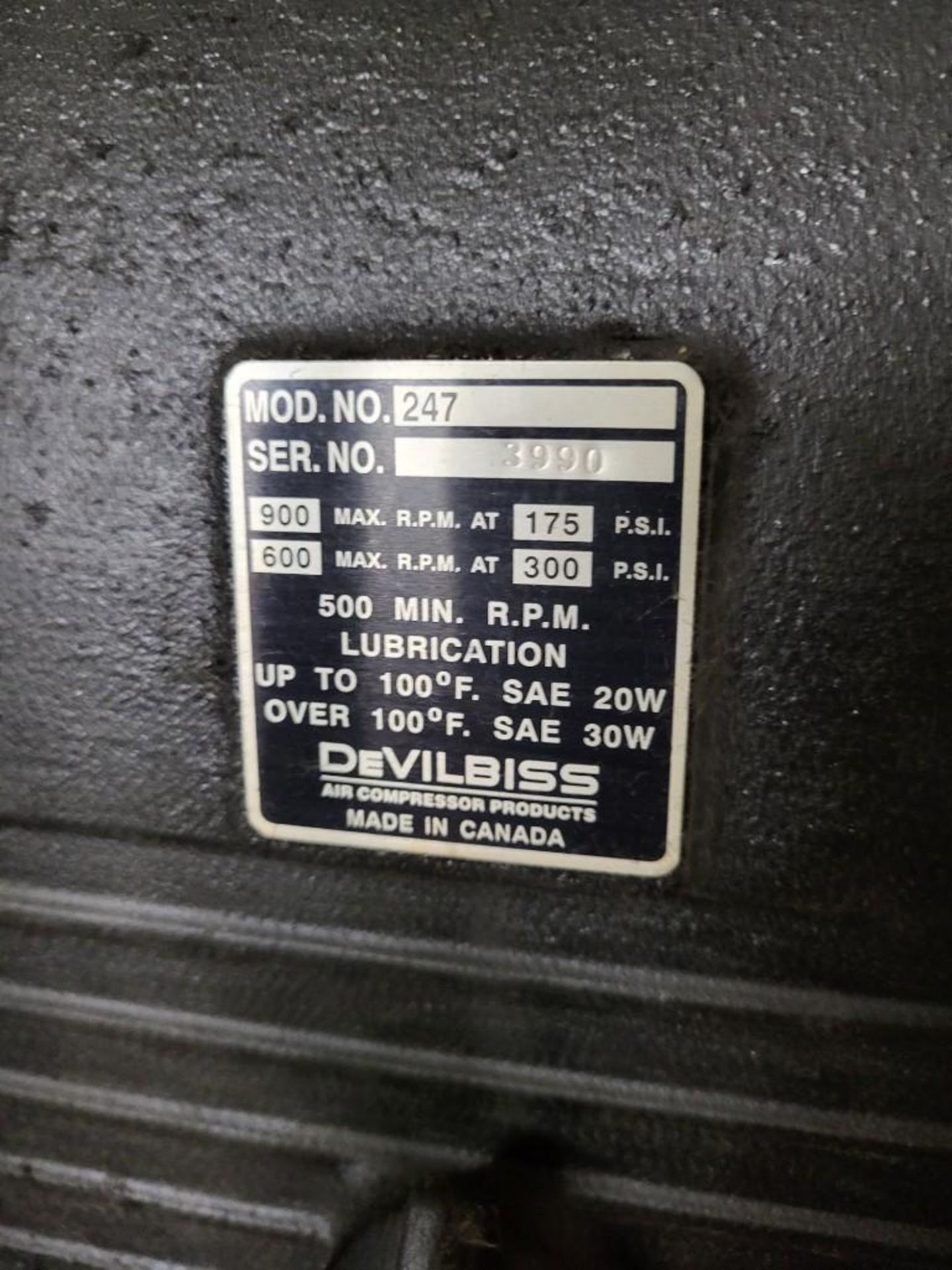 DEVILBISS MODEL 247 AIR COMPRESSOR WITH 73 GALLON TANK - Image 7 of 8