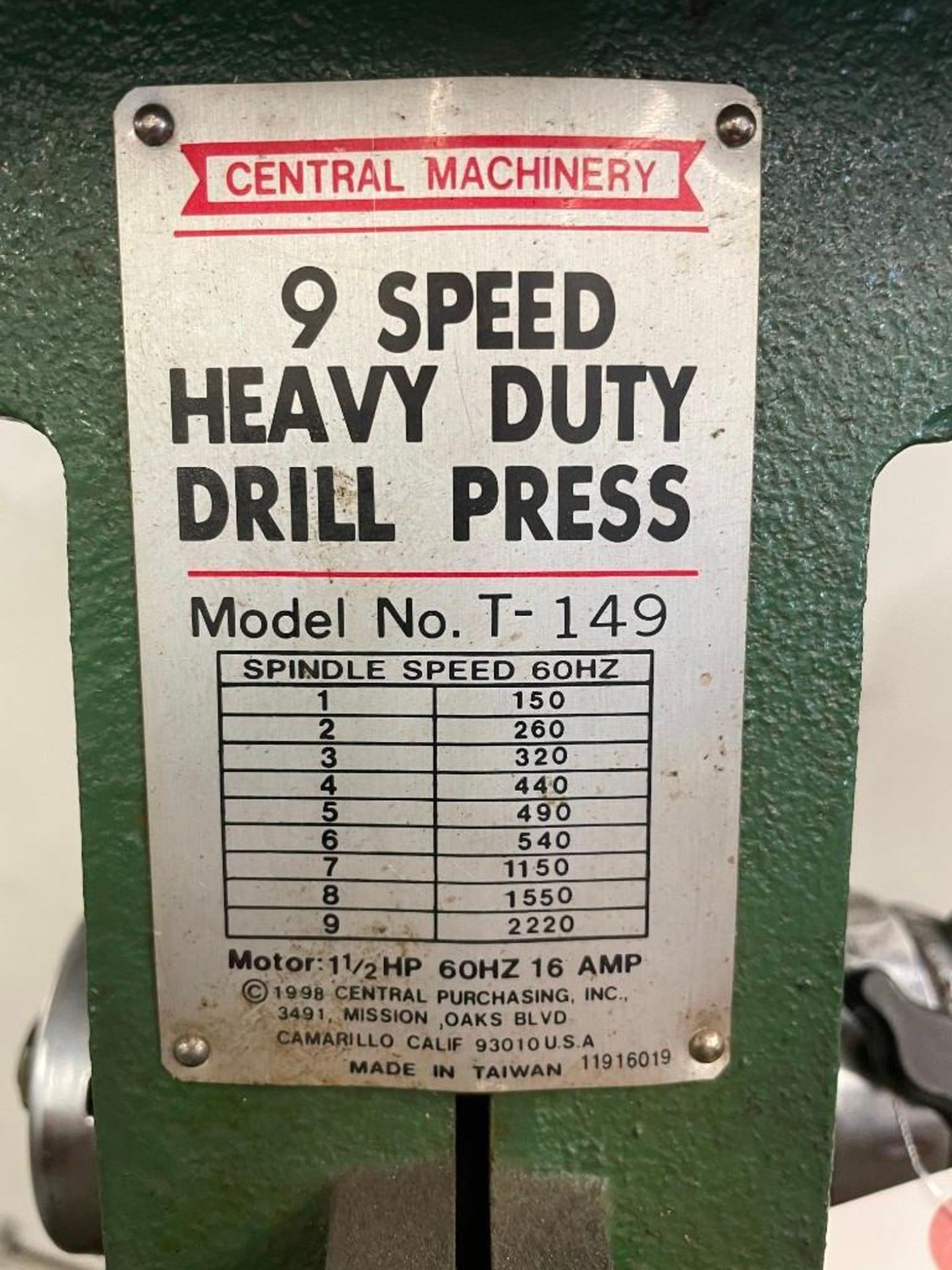 CENTRAL MACHINERY 9 SPEED DRILL PRESS MODEL T-149 - Image 3 of 3