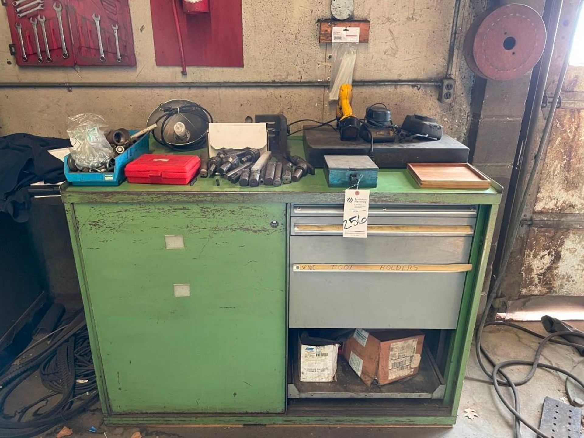 GREEN TOOLING CABINET WITH CONTENTS, TOOLING, COLLETS, SURFACE PLATE, ETC.