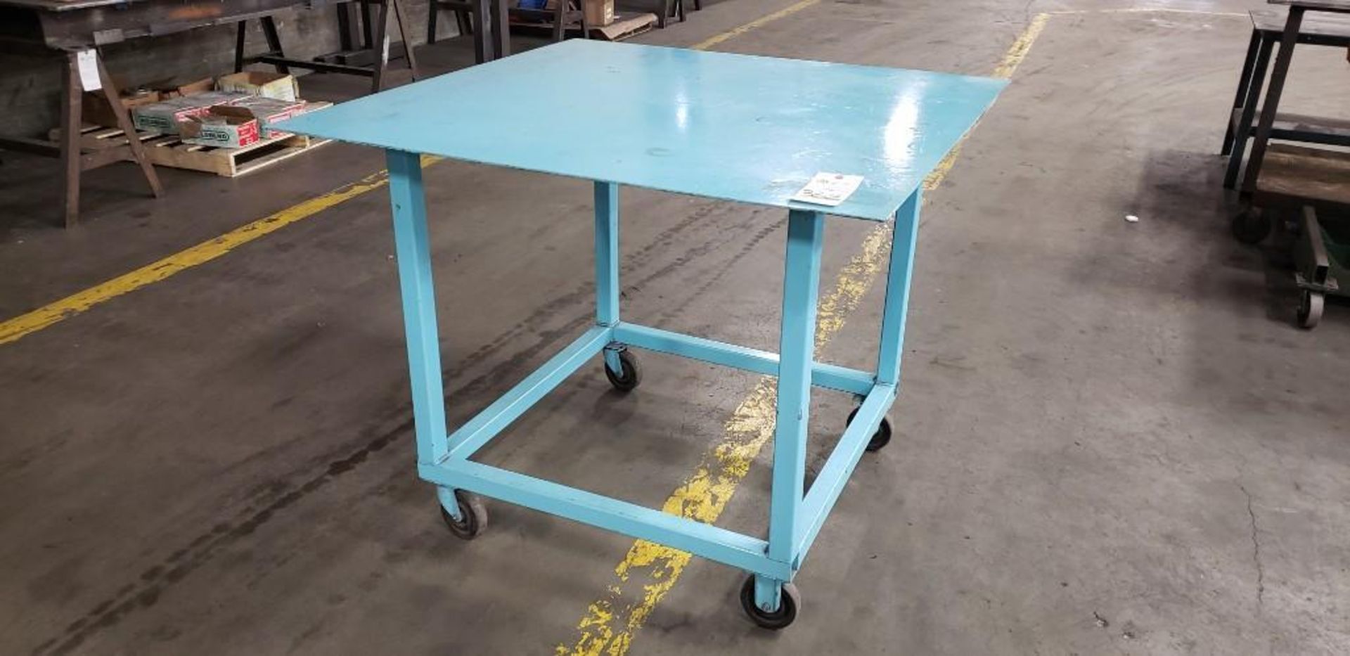 STEEL TABLE 48"X48" 39.5" HIGH, ROLLING