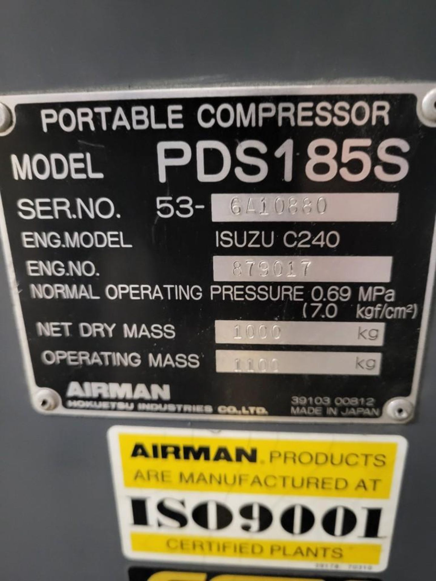 AIRMAN PDS185S PORTABLE DIESEL AIR COMPRESSOR - Image 9 of 10