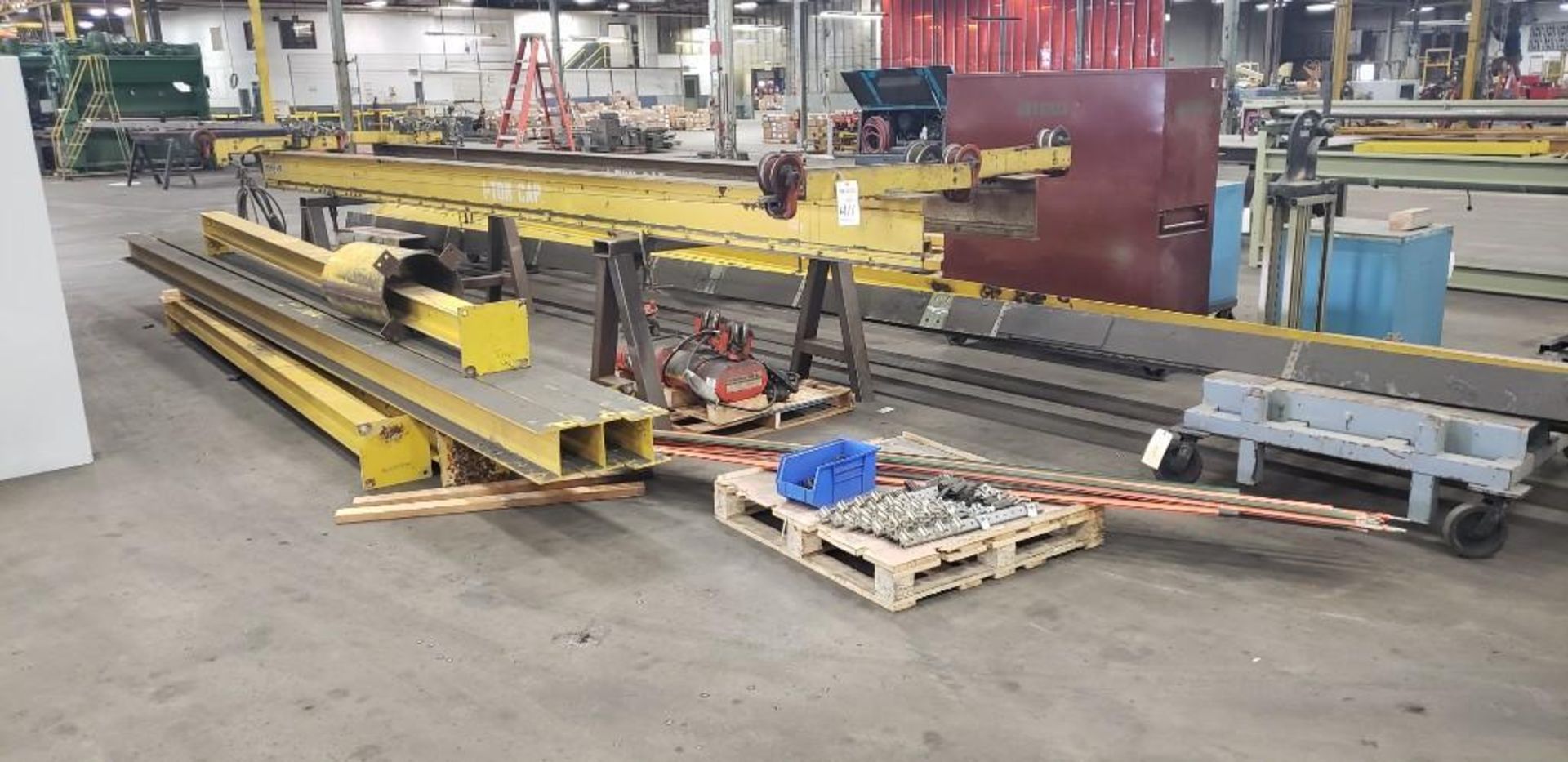 1 TON CAPACITY 40 FT. L X 25 FT. OVERHEAD CRANE WITH (2) CM LODESTAR 1 TON CHAIN HOISTS