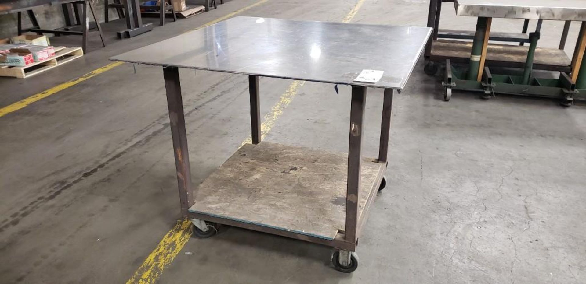 STEEL TABLE 48"X48" 39.5" HIGH, ROLLING