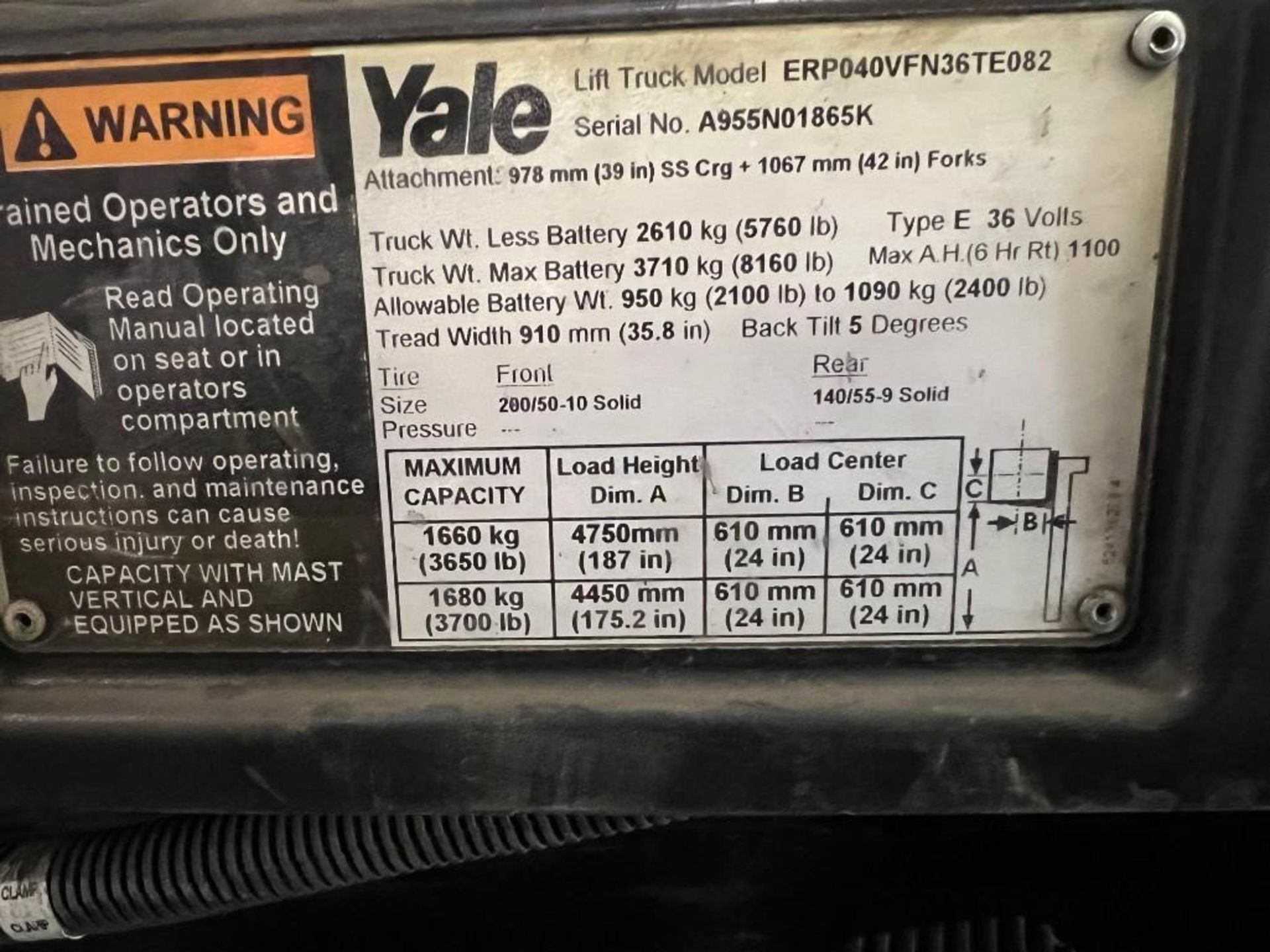 YALE FORKLIFT; MODEL: ERP040VFN36TE082 ELECTRIC SIT DOWN, YEAR: 2012 - Image 5 of 5