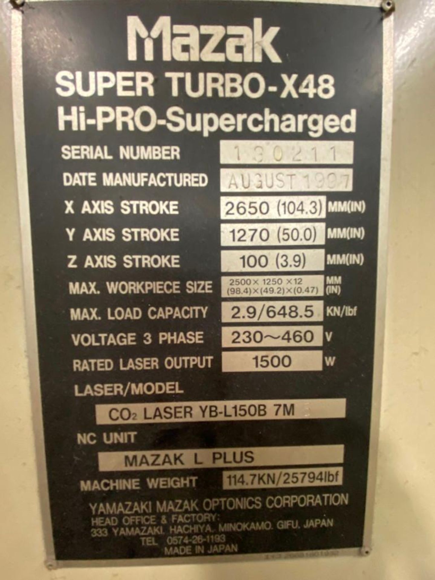 MAZAK 1500W SUPER TURBO X48 HI-PRO CNC LASER; YEAR 1997, TABLE 4' X 8' - Image 9 of 9