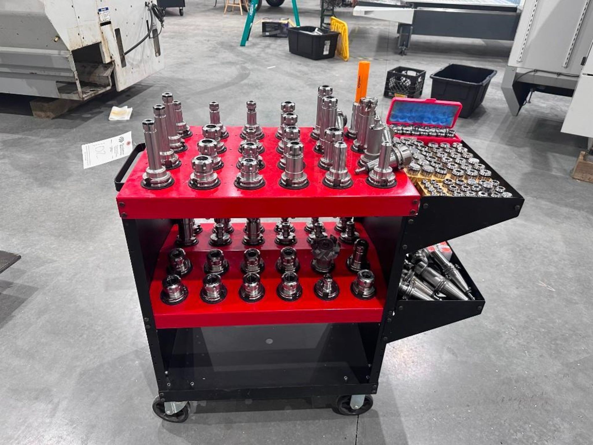 CART OF CAT40 TOOL HOLDERS AND COLLETS; APPROXIMATELY 58 TOOL HOLDERS AND APPROXIMATELY 100 COLLETS