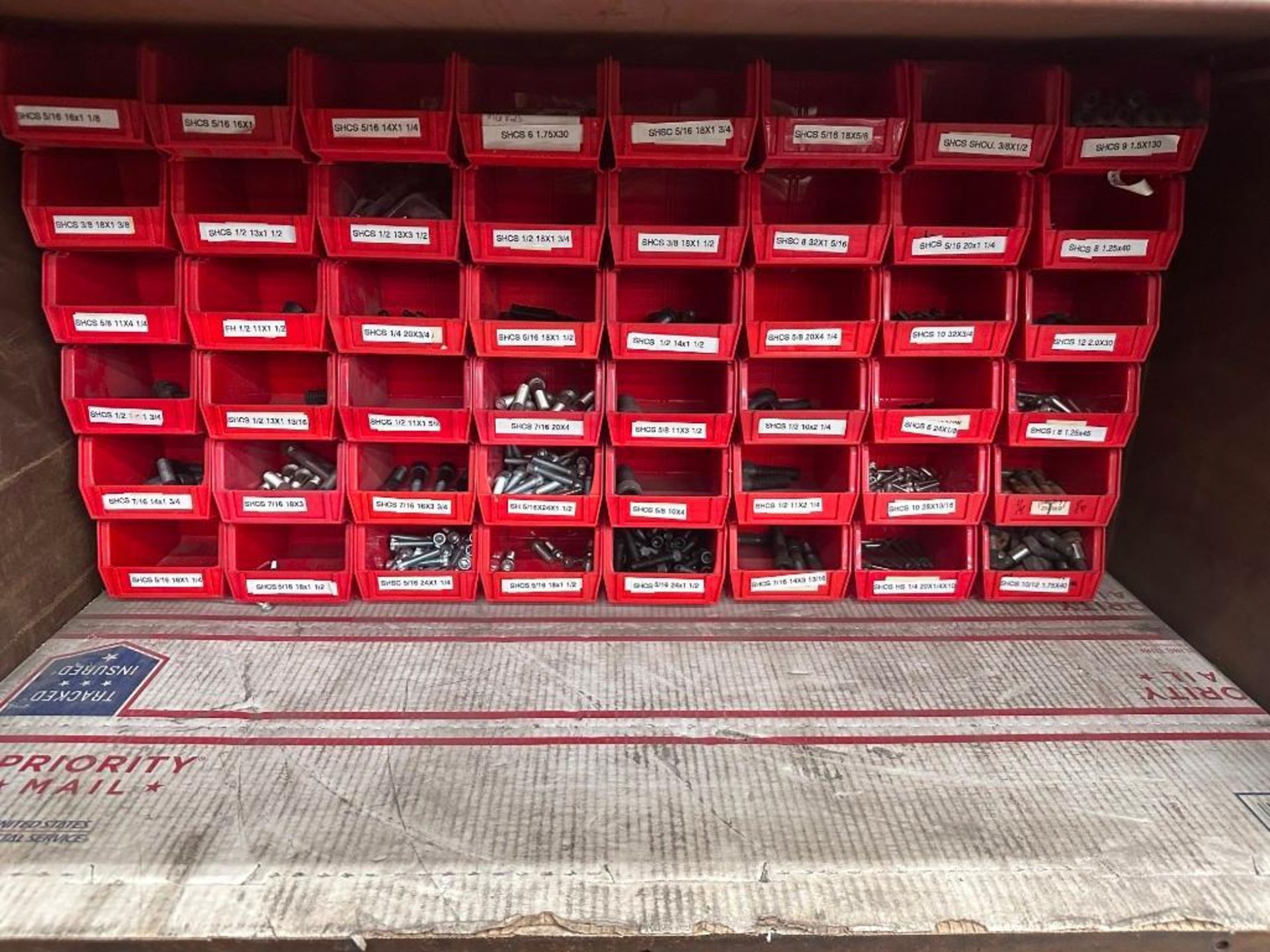 LOT OF RED BINS FULL OF SORTED HARDWARE - Image 3 of 8