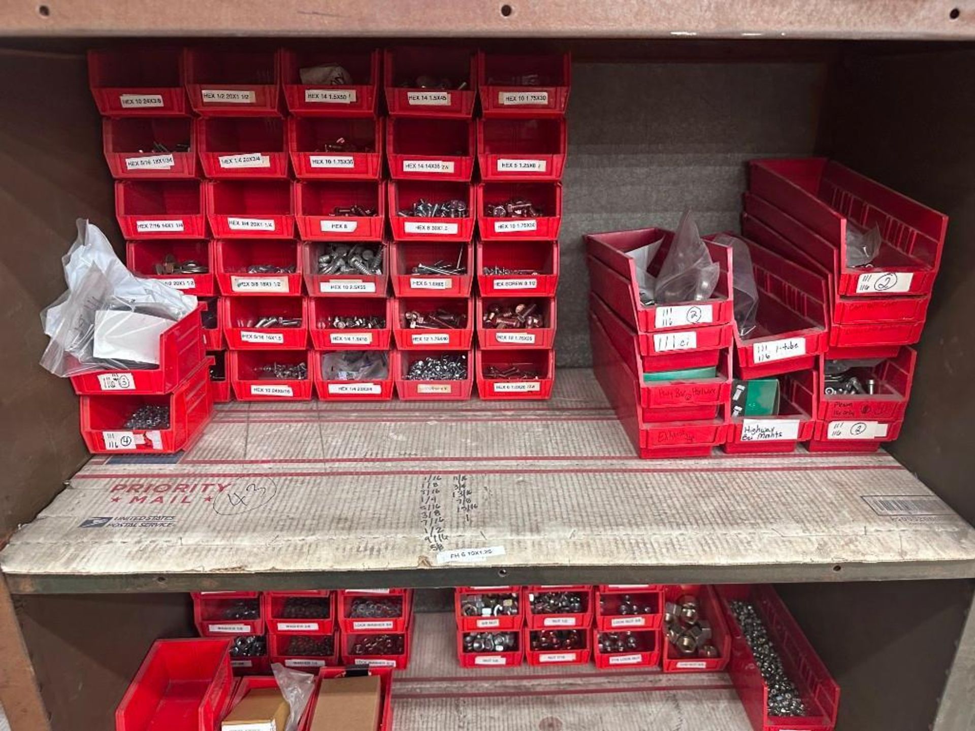 LOT OF RED BINS FULL OF SORTED HARDWARE - Image 6 of 8