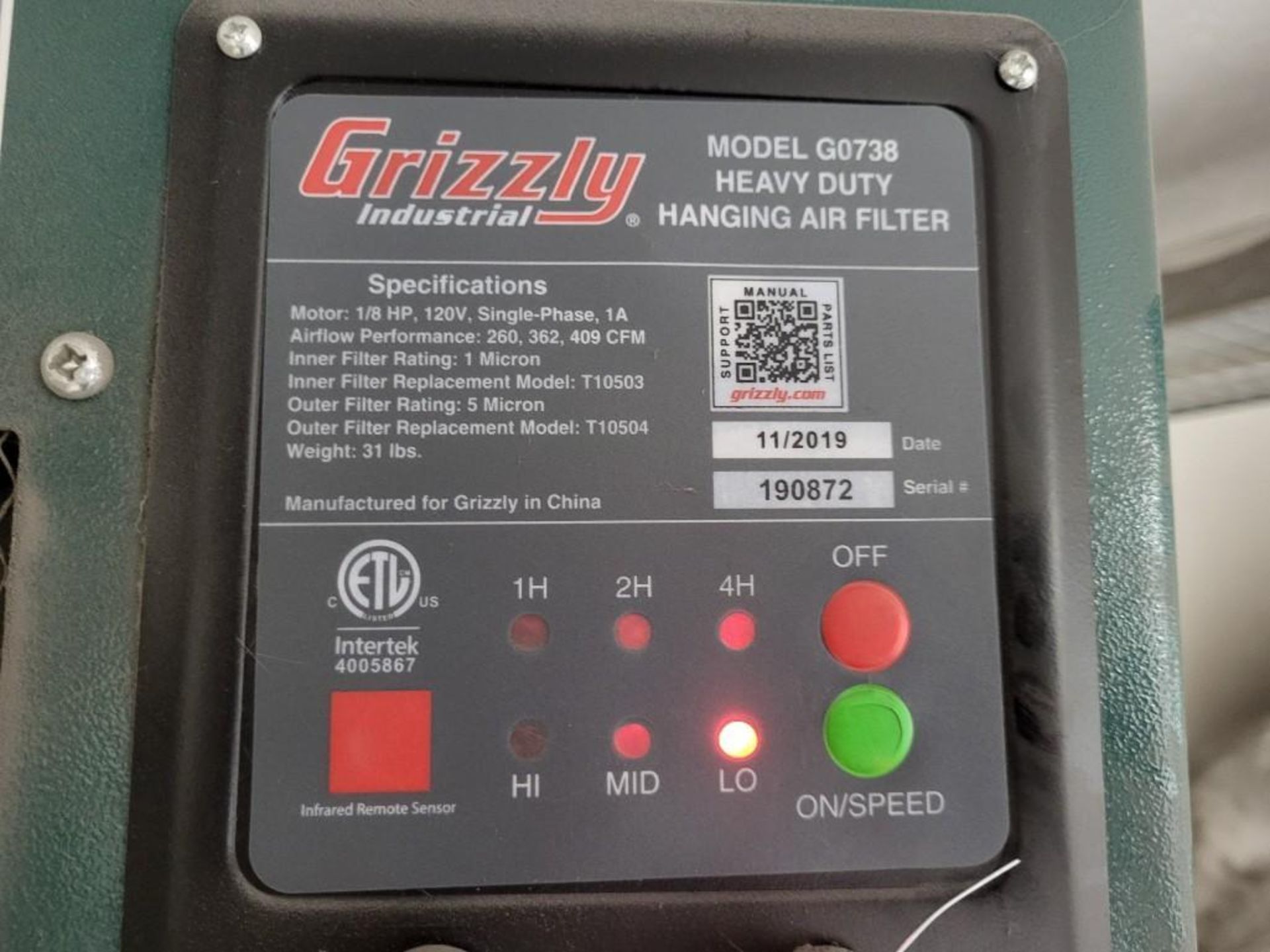 GRIZZLY INDUSTRIAL HEAVY DUTY HANGING AIR FILTER G0738 - Image 4 of 4