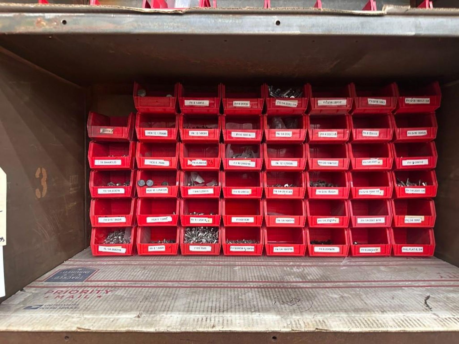 LOT OF RED BINS FULL OF SORTED HARDWARE - Image 7 of 8