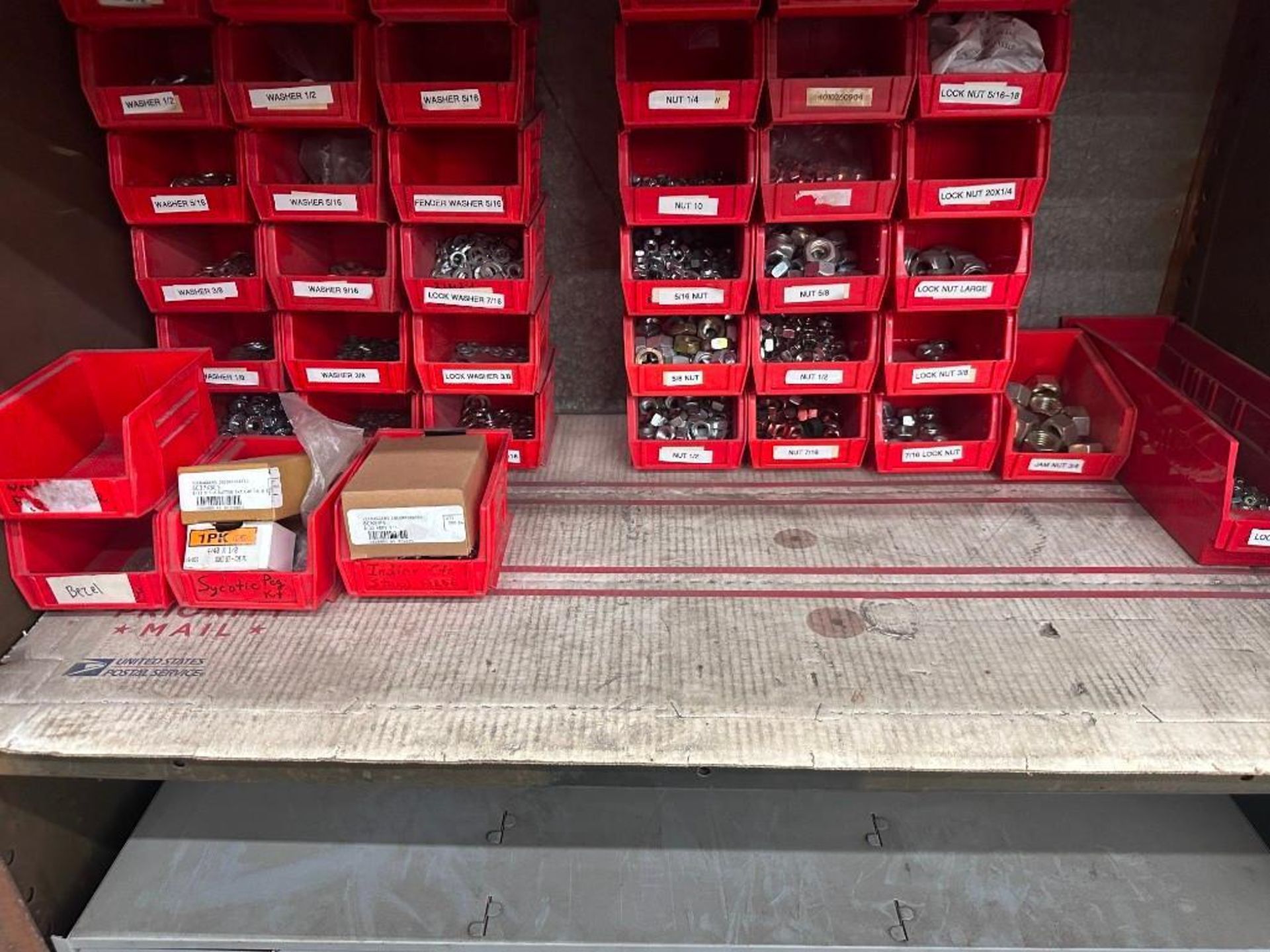LOT OF RED BINS FULL OF SORTED HARDWARE - Image 5 of 8