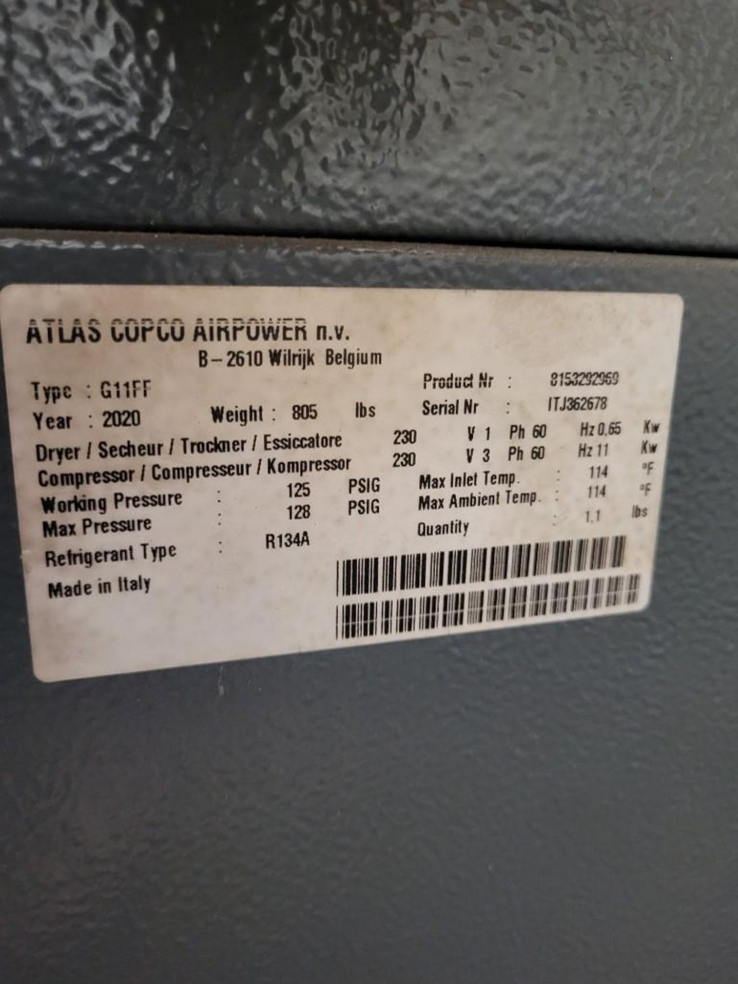 2020 ATLAS COPCO G11FF ROTARY SCREW AIR COMPRESSOR - Image 4 of 5