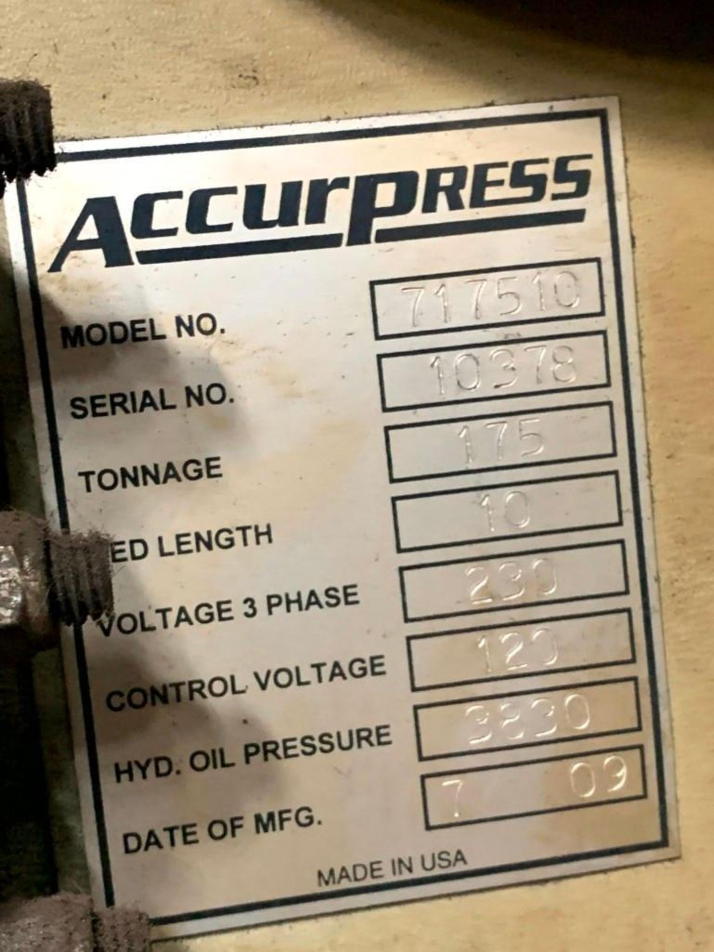 175 TON X 10′ ACCURPRESS 717510 2 – AXIS BACKGAUGE, 2009; NEEDS REPAIR - Image 19 of 19