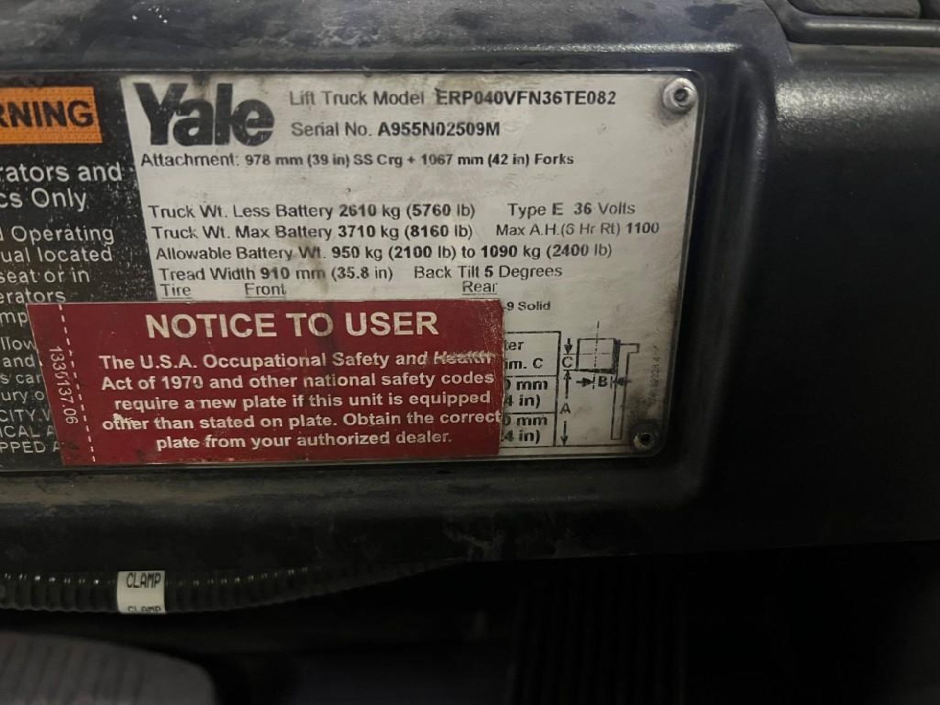 2014 YALE ERP040VFN36TE082 4,000 LBS ELECTRIC SIT DOWN FORKLIFT - Image 5 of 5