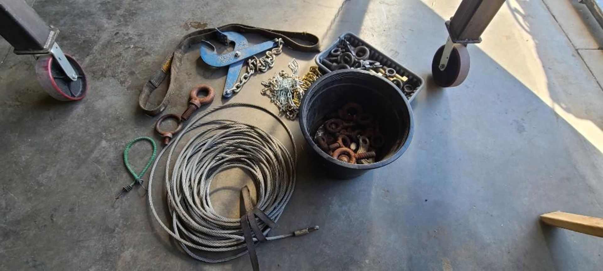 ASSORTED RIGGING SUPPLIES, EYEBOLTS, STEEL CABLE, GRAPPLE, CHAIN - Image 3 of 3
